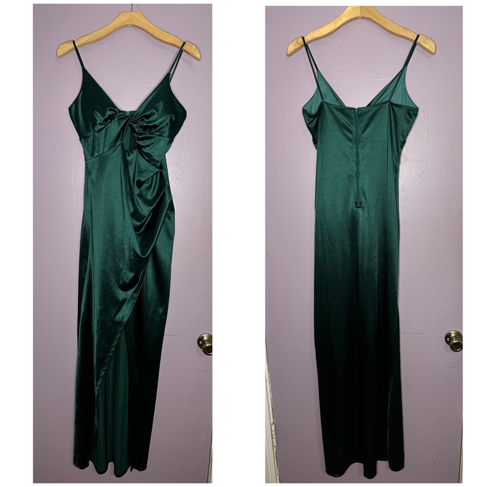 Windsor Green Satin High Slit Formal cutout dress